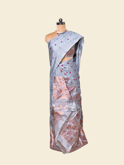 Periwinkle Grey Pure Paat Silk Mekhela Sador