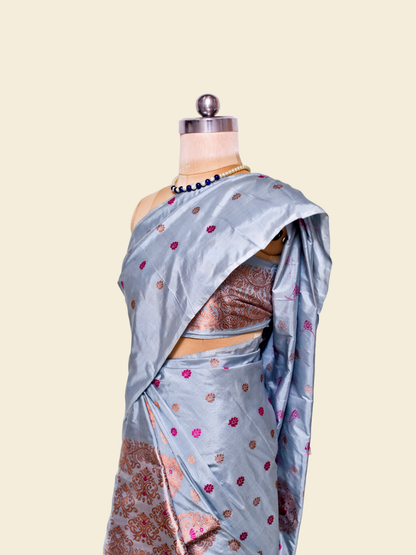 Periwinkle Grey Pure Paat Silk Mekhela Sador