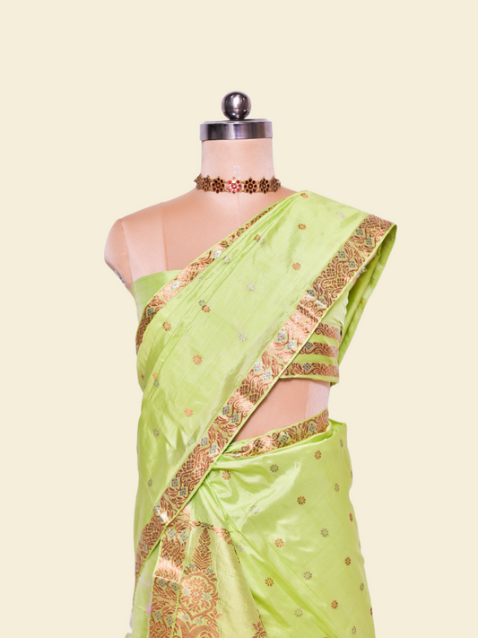 Caper Green Pure Paat Silk Mekhela Sador