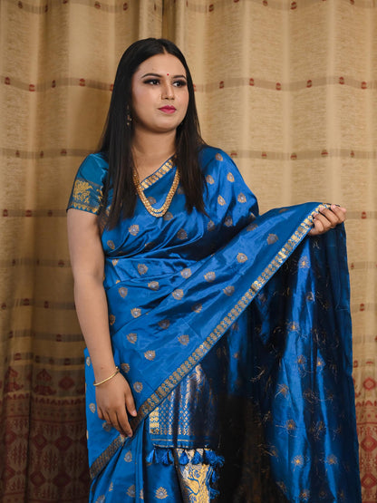 Mariner Blue Pure Paat Silk Mekhela Sador