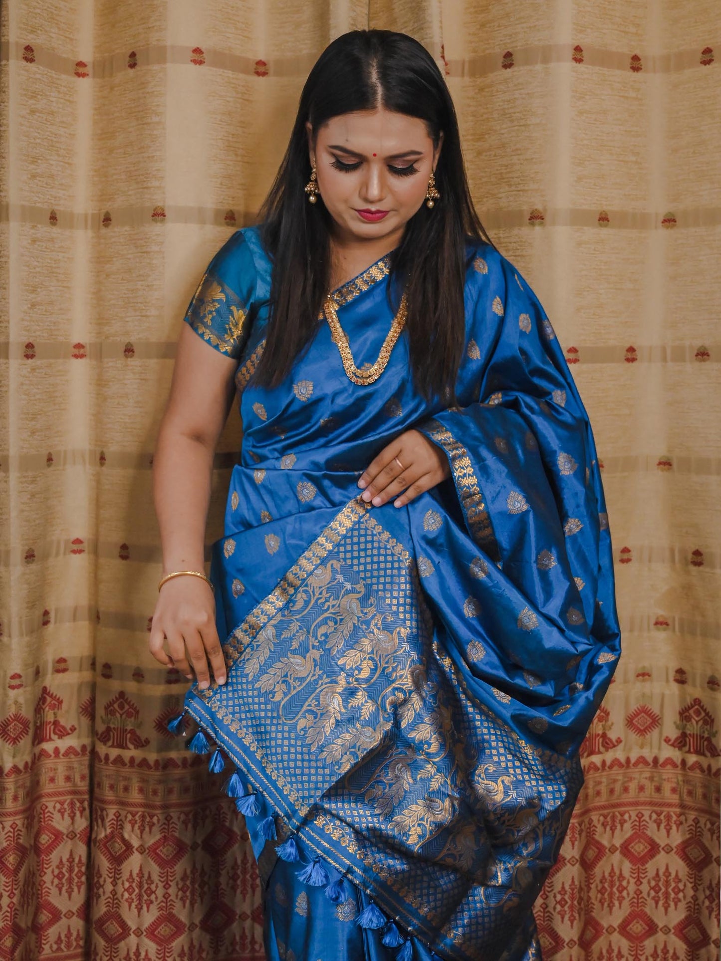 Mariner Blue Pure Paat Silk Mekhela Sador