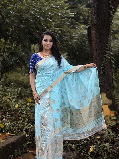 Blizzard Blue Pure Paat Silk Mekhela Sador