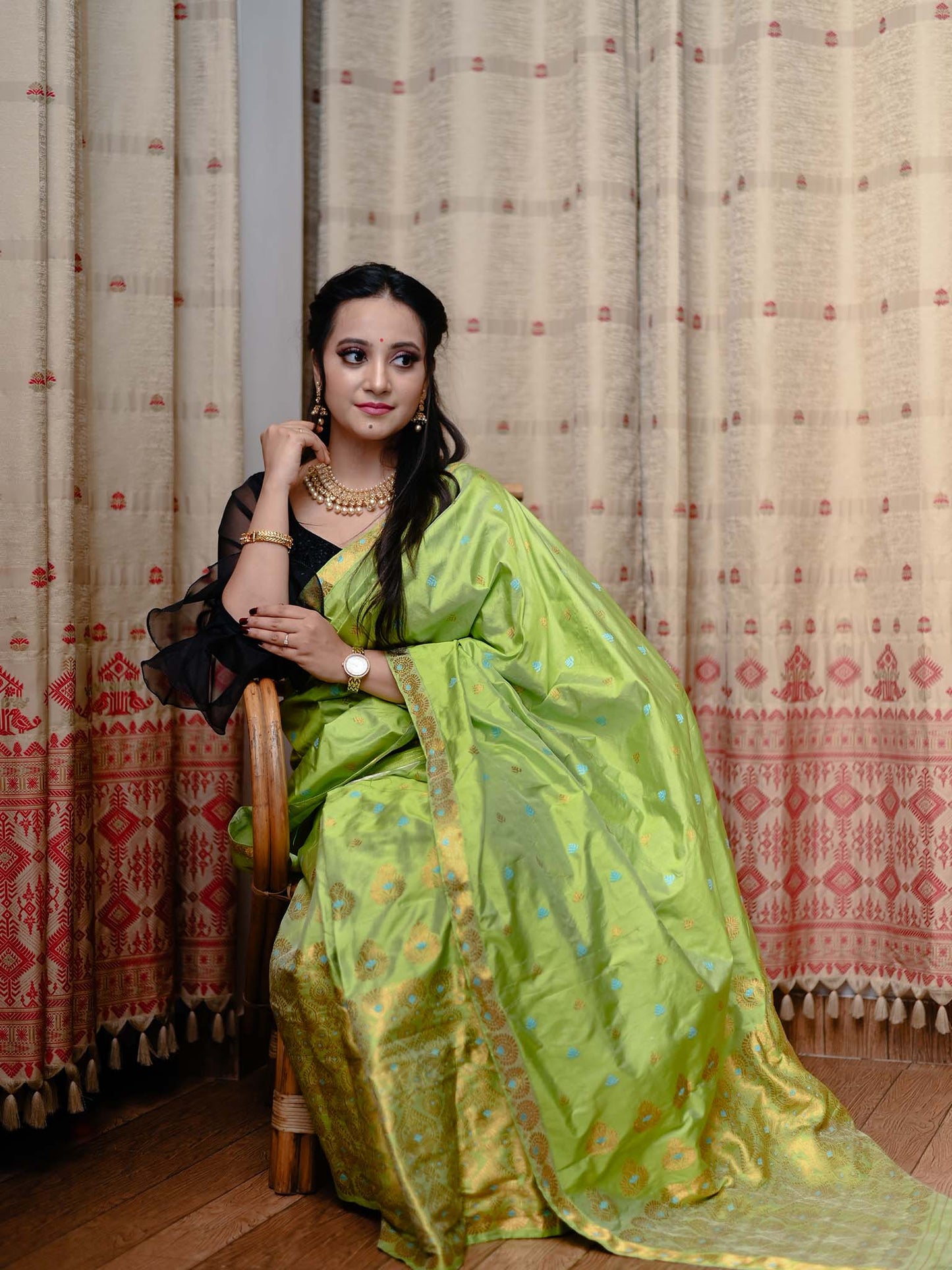 Wild Willow Green Pure Paat Silk Mekhela Sador