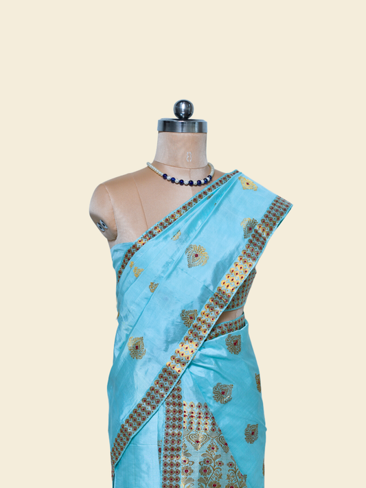 Light Cornflower Blue Pure Paat Silk Mekhela Sador