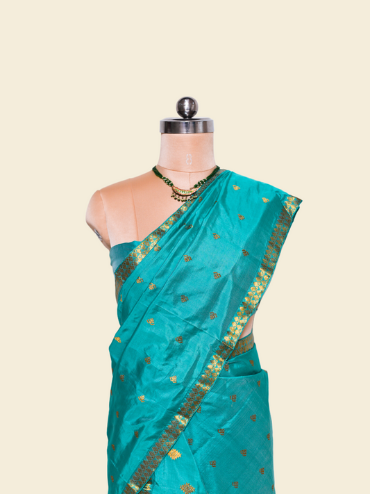 Dark Turquoise Pure Paat Silk Mekhela Sador