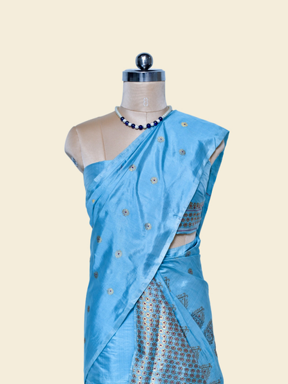 Denim Blue Pure Paat Silk Mekhela Sador