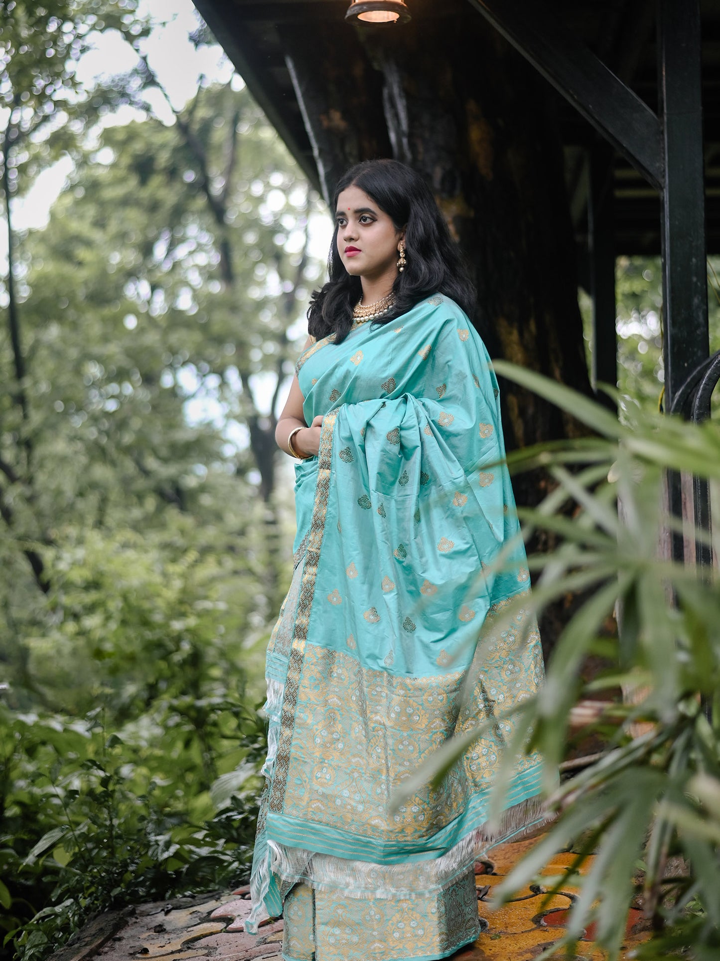 Fountain Blue Pure Paat Silk Mekhela Sador