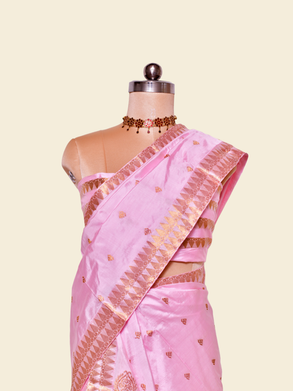 Classic Rose Pink Pure Paat Silk Mekhela Sador