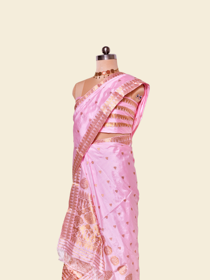 Classic Rose Pink Pure Paat Silk Mekhela Sador