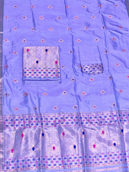 Lavender Blue Pure Paat Silk Mekhela Sador