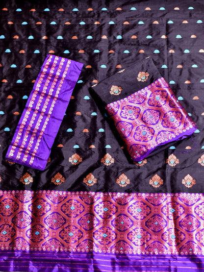 Black Pure Paat Silk Mekhela Sador