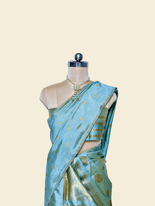 Blue Hosta Pure Paat Silk Mekhela Sador