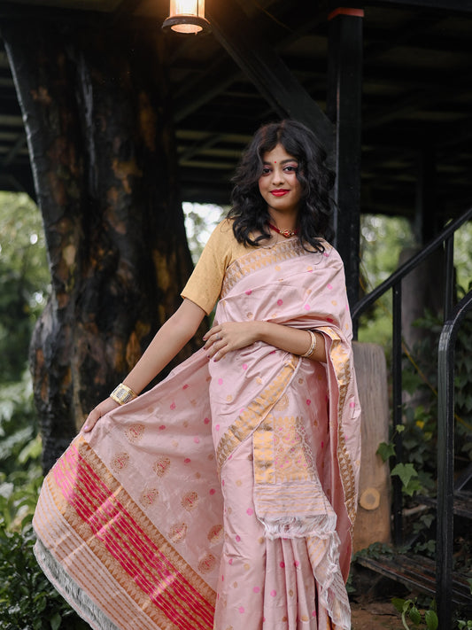 Pink Flare Pure Paat Silk Mekhela Sador