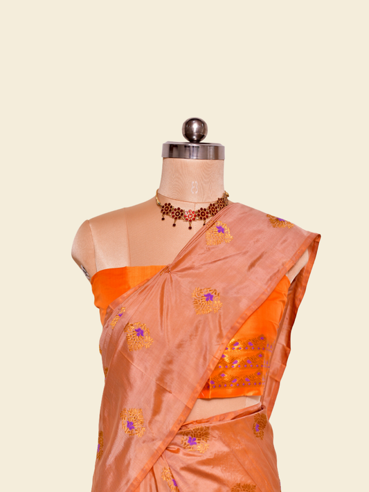 Dark Salmon Orange Pure Paat Silk Mekhela Sador