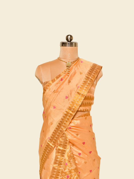 Peach Orange Pure Paat Silk Mekhela Sador